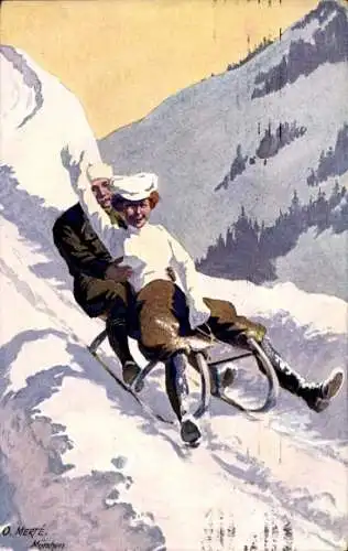 Künstler Ak Merté, Oskar, Paar auf einem Schlitten, Winterlandschaft