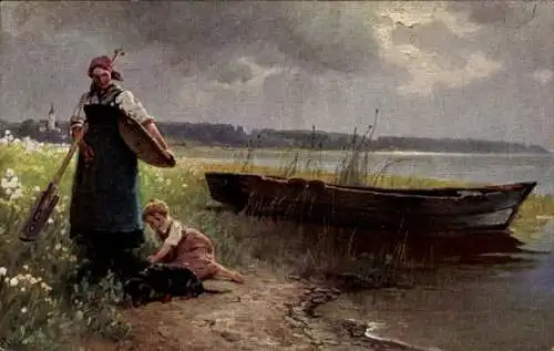 Künstler Ak Raupp, Karl, Mutter mit Kind am Ufer, Boot