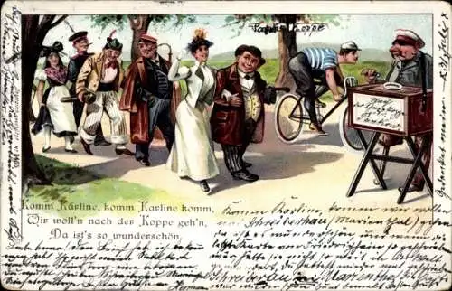 Litho Komm Karline, wir woll'n nach der Koppe gehn, Leierkasten, Drehorgel