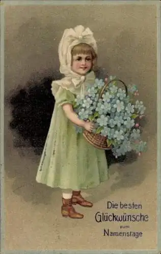 Präge Litho Glückwunsch Namenstag, Mädchen mit Blumen, Vergissmeinnicht