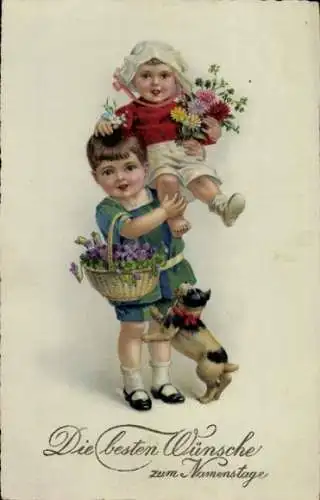 Litho Glückwunsch Namenstag, Kinder mit Blumen