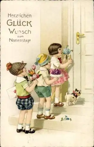 Litho Glückwunsch Namenstag, Kinder mit Blumen