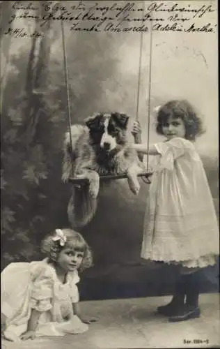 Ak Zwei Mädchen mit Hund, Schaukel
