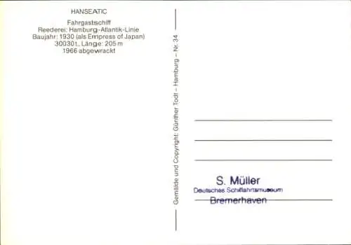 Ak Hamburg Atlantic Linie, Fahrgastschiff Hanseatic