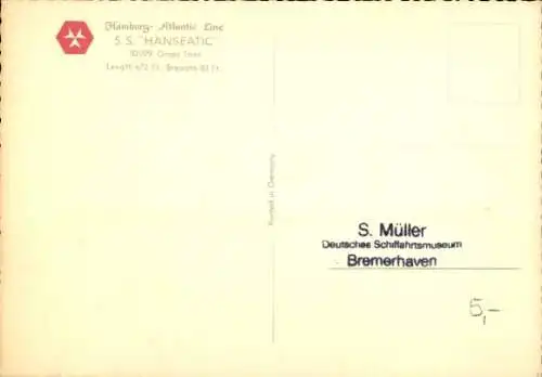 Ak Hamburg Atlantic Linie, Schnelldampfer SS Hanseatic