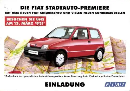 Ak Auto, Fiat, Stadtauto-Premiere, Einladung
