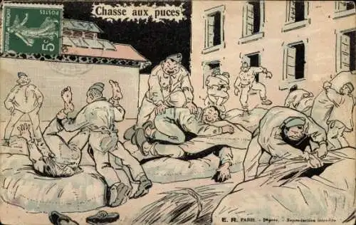 Künstler Ak Humour militaire, Chasse aux puces