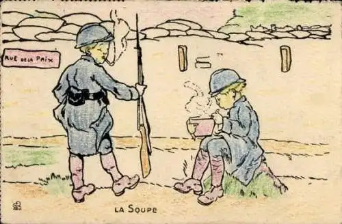 Künstler Ak La Soupe, Französische Soldaten mit Suppe