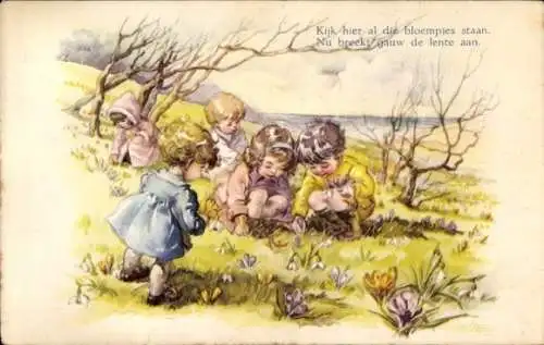 Litho Kinder, Frühling, Blumen