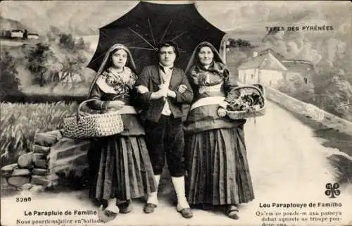 Ak Pyrenäen, Mann und zwei Frauen in Volkstrachten