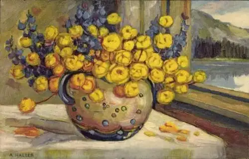 Künstler Ak Haller, A., Vase mit gelben und blauen Blumen auf einer Fensterbank