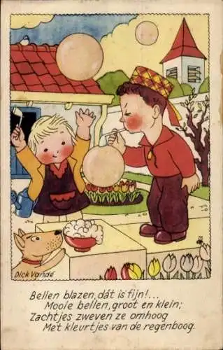 Künstler Ak Vande, D., Kinder machen Seifenblasen, Hund
