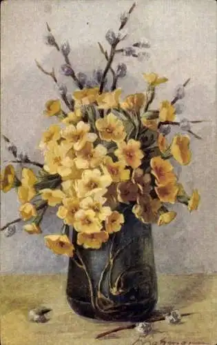 Künstler Ak Gelbe Blumen und Weidenkätzchen, Blumenvase