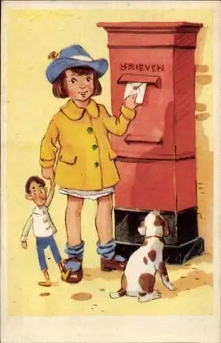 Ak Mädchen wirft einen Brief in den Briefkasten, Puppe, Hund