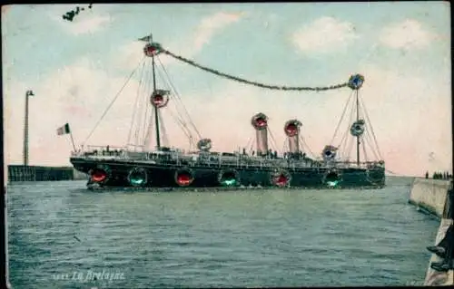 Glitzer Ak Dampfer, Dampfschiff, Hafen