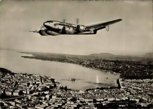 Ak Genf Kanton Schweiz, Lac Leman, AIR FRANCE, Flugzeug über Genfersee, Stadt Genf