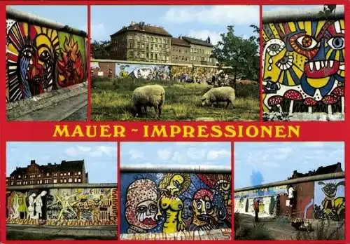 Ak Berlin Friedrichshain, Mehrere bunte Mauerbilder, Schafe vor der Mauer, ein Mann steht vor ...