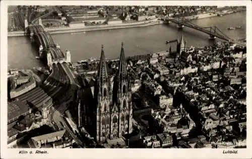 Ak Köln am Rhein, Luftbild von  Kölner Dom, Rhein, Brücke