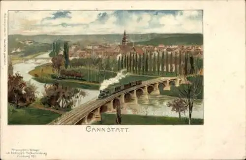 Litho Cannstatt Stuttgart in Baden Württemberg, Stadtpanorama, Eisenbahnbrücke, Dampflok