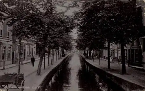 Ak Delft Südholland Niederlande, Gracht mit Bäumen, historische Gebäude, Spaziergänger, Wasser...