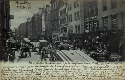 Ak London City England, Bishopsgate Street, historische Ansicht, Verkehr mit Pferdekutschen, W...