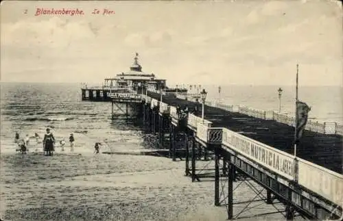 Ak Blankenberghe Blankenberge Westflandern, Historischer Pier, Strand, Menschen, Wellen, Werbe...