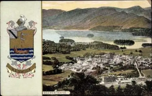Ak Keswick Cumbria England,  Derwentwater, Landschaft, See, Hügel, Ortsschild