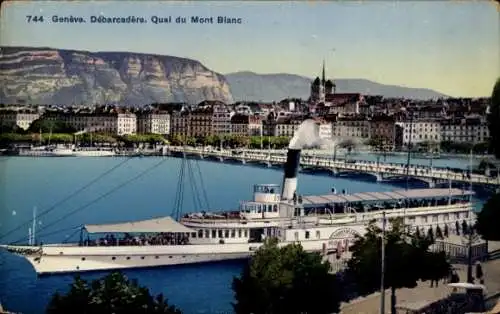 Ak Genf Stadt Schweiz, Schiff im Hafen, Mont Blanc, Stadtansicht, farbenfrohe Postkarte