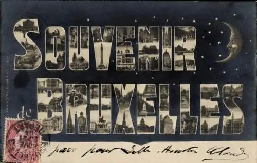 Ak Bruxelles Brüssel, Souvenir Brussels, Nachthimmel mit Mond und Fotografien von Sehenswürdig...