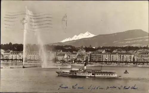 Ak Genève Genf Schweiz, Blick auf den Genfersee, Mont Blanc, Dampfschiff, Fontaine