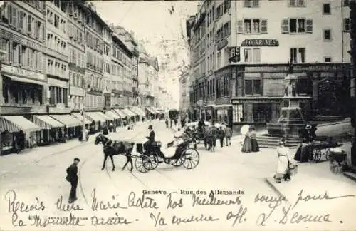 Ak Genf Stadt Schweiz, Straße mit Pferdewagen und Menschen, Geschäfte, historische Architektur