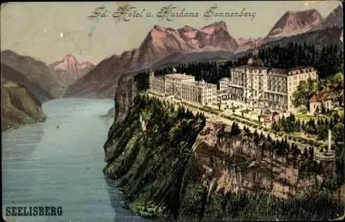 Ak Seelisberg Kanton Uri, Hotel und Kurhaus Sonnenberg, beeindruckende Berglandschaft, See im ...