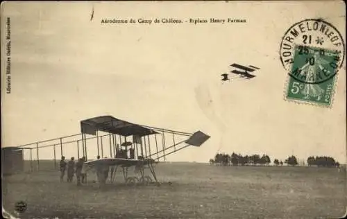 Ak Châlons Camp Mourmelon Camp Marne, Flugplatz, Henry Farman Doppeldecker