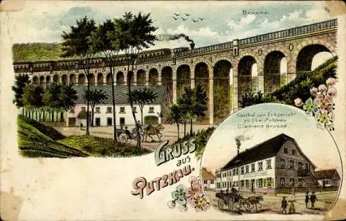 Ak Putzkau in der Oberlausitz, Brücke, Gasthof zum Erbgericht, Ober  Gruß aus Putzkau