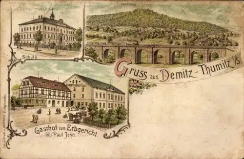 Litho Demitz Thumitz in Sachsen, Schule, Brücke, Gasthof zum Erbgericht
