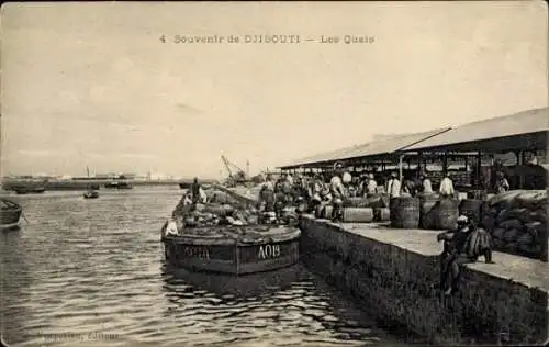 Ak Djibouti Dschibuti, Historische Hafenansicht, Marktszene, Fischer, Schiffe