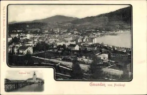 Ak Gmunden am Traunsee Oberösterreich, Gesamtansicht vom Hochkogl aus, Schloss Ort