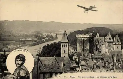 Ak Pau Pyrénées-Atlantiques, Schloss, Flugzeug über der Stadt, Pilot Legagneux