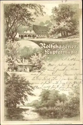 Litho Tremsbüttel in Schleswig Holstein, Rolfshagener Kupfermühle, Seeblick, Wassermühle