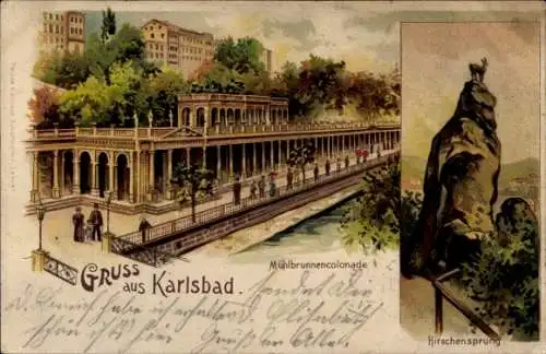 Litho Karlovy Vary Karlsbad Stadt, Mühlbrunnkolonnade, Hirschensprung
