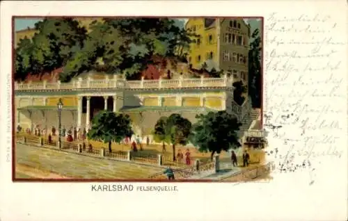 Litho Karlovy Vary Karlsbad Stadt, Promenade an der Felsenquelle
