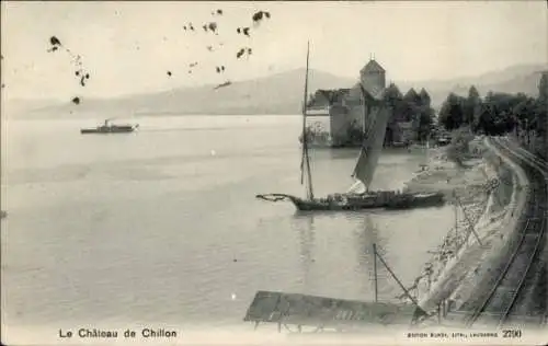 Ak Chillon Kt. Waadt, Schloss am Seeufer, Bahnstrecke