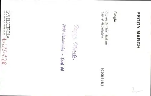 Ak Sängerin Peggy March, Portrait, Autogramm