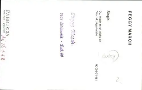 Ak Sängerin Peggy March, Portrait, Autogramm