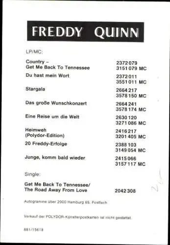 Foto Sänger Freddy Quinn, Autogramm