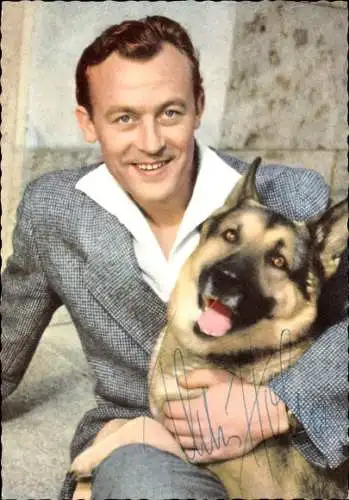 Ak Schauspieler Claus Holm, Schäferhund, Portrait, Autogramm