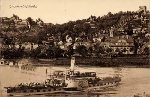 Ak Dresden Loschwitz, Panorama, Dampfer Loschwitz