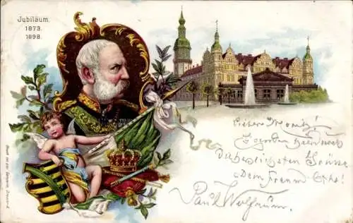 Litho Portrait von König Albert, Jubiläum 1873-1898, Adel Sachsen, Engel, Wappen