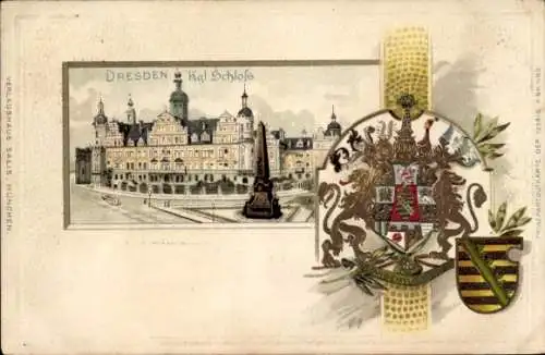 Präge Wappen Passepartout Litho Dresden Altstadt, Schloss