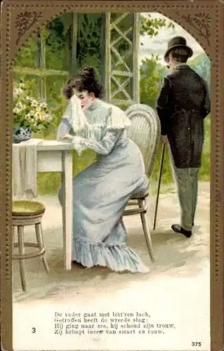 Präge Ak Weinende Frau am Tisch, Abschied, Trennung